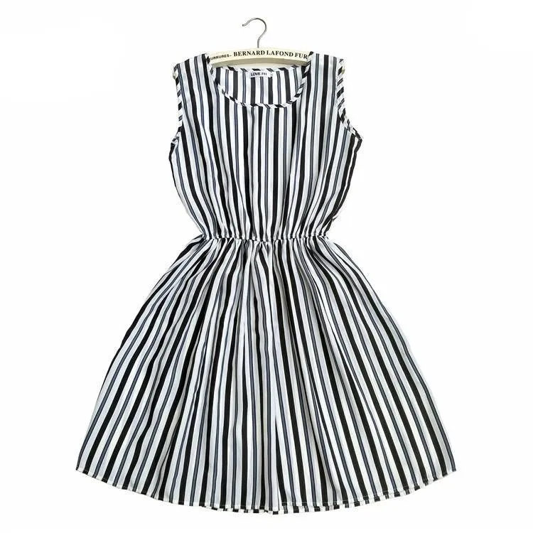 Women Casual Print Sleeveless Dress Chiffon stripe / floral print Elastic Waist Bohemian Beach Dresses