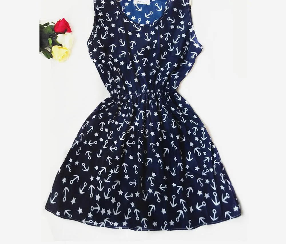Women Casual Print Sleeveless Dress Chiffon stripe / floral print Elastic Waist Bohemian Beach Dresses