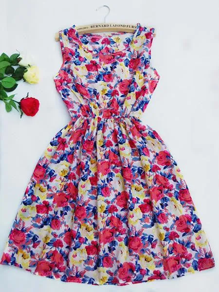 Women Casual Print Sleeveless Dress Chiffon stripe / floral print Elastic Waist Bohemian Beach Dresses