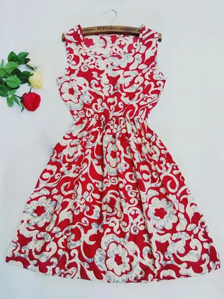 Women Casual Print Sleeveless Dress Chiffon stripe / floral print Elastic Waist Bohemian Beach Dresses