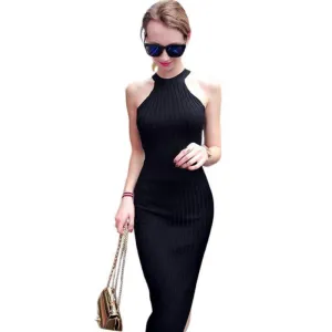 Women Long knitting Dress Slim Bodycon Dresses Elastic Skinny Split Dress Vestidos