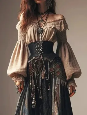 Women Off Shoulder Shirt Blouse Lace Ruffle Cropped Top Lantern Sleeve Autumn Elegant Casual Retro Ethnic Sweet Blouse Shirts