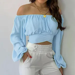 Women Sexy Off Shoulder Long Sleeve Top Self Tie Knot Crop Top Blouse Solid Color WoMen's Blouses Y2k Female Summer Shirts 블라우스
