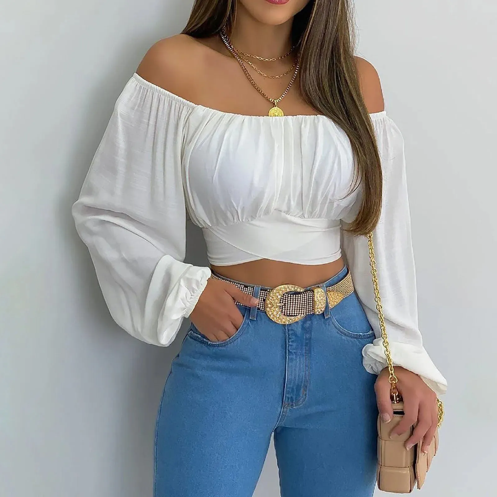 Women Sexy Off Shoulder Long Sleeve Top Self Tie Knot Crop Top Blouse Solid Color WoMen's Blouses Y2k Female Summer Shirts 블라우스
