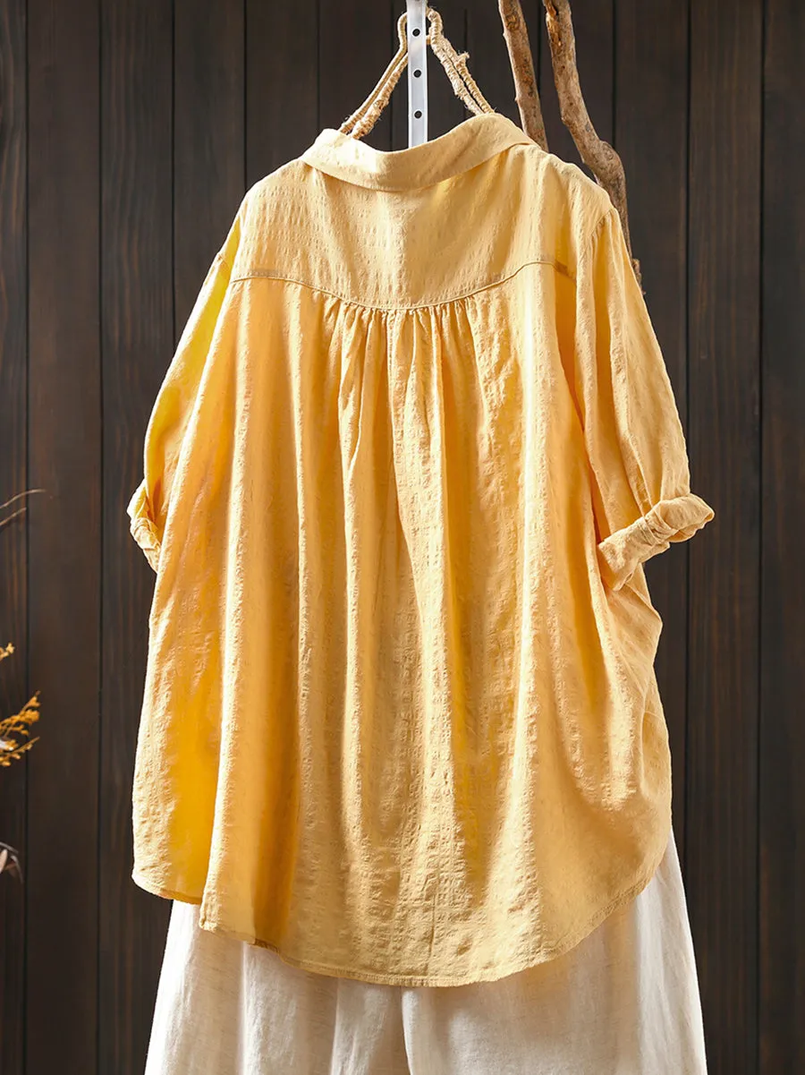 Women Spring Casual Pure Color Turn-down Collar Cotton Shirt