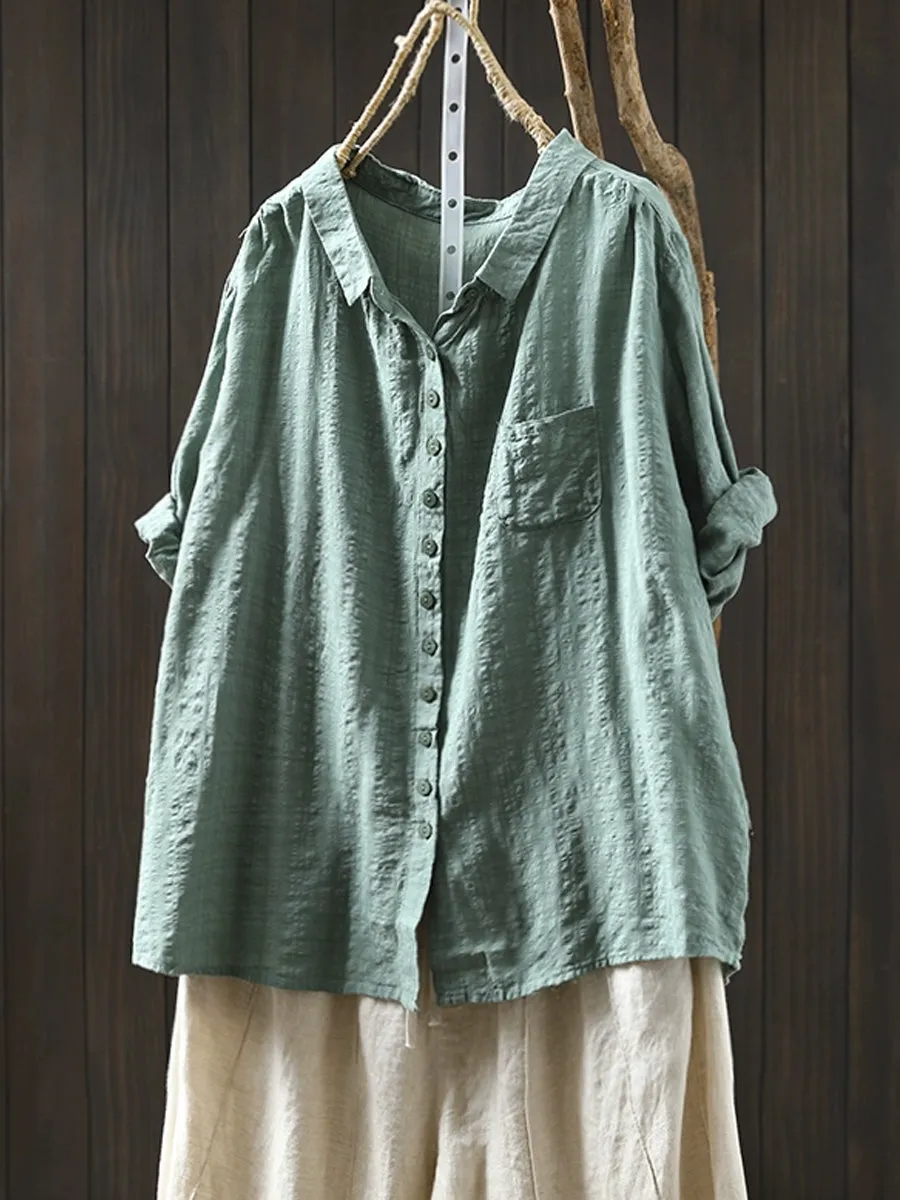 Women Spring Casual Pure Color Turn-down Collar Cotton Shirt