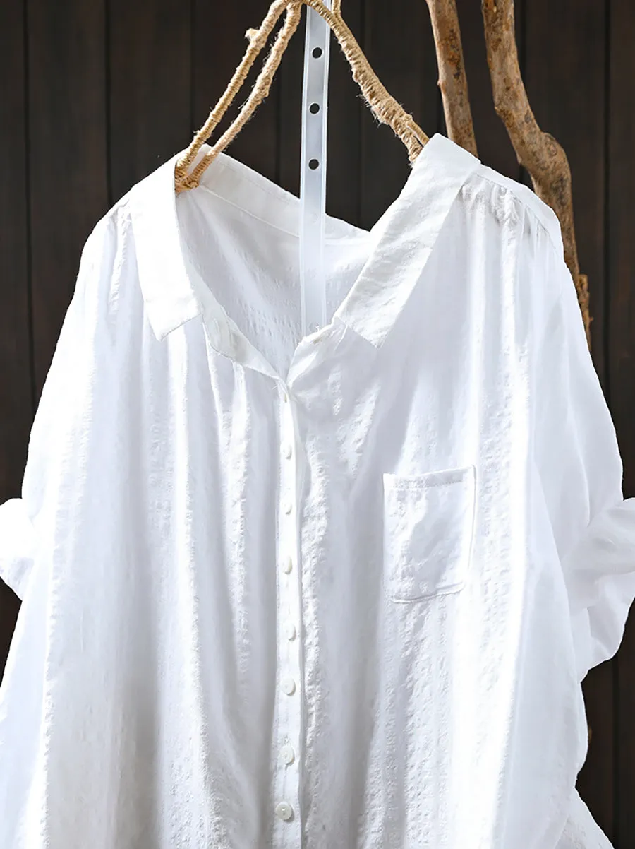 Women Spring Casual Pure Color Turn-down Collar Cotton Shirt