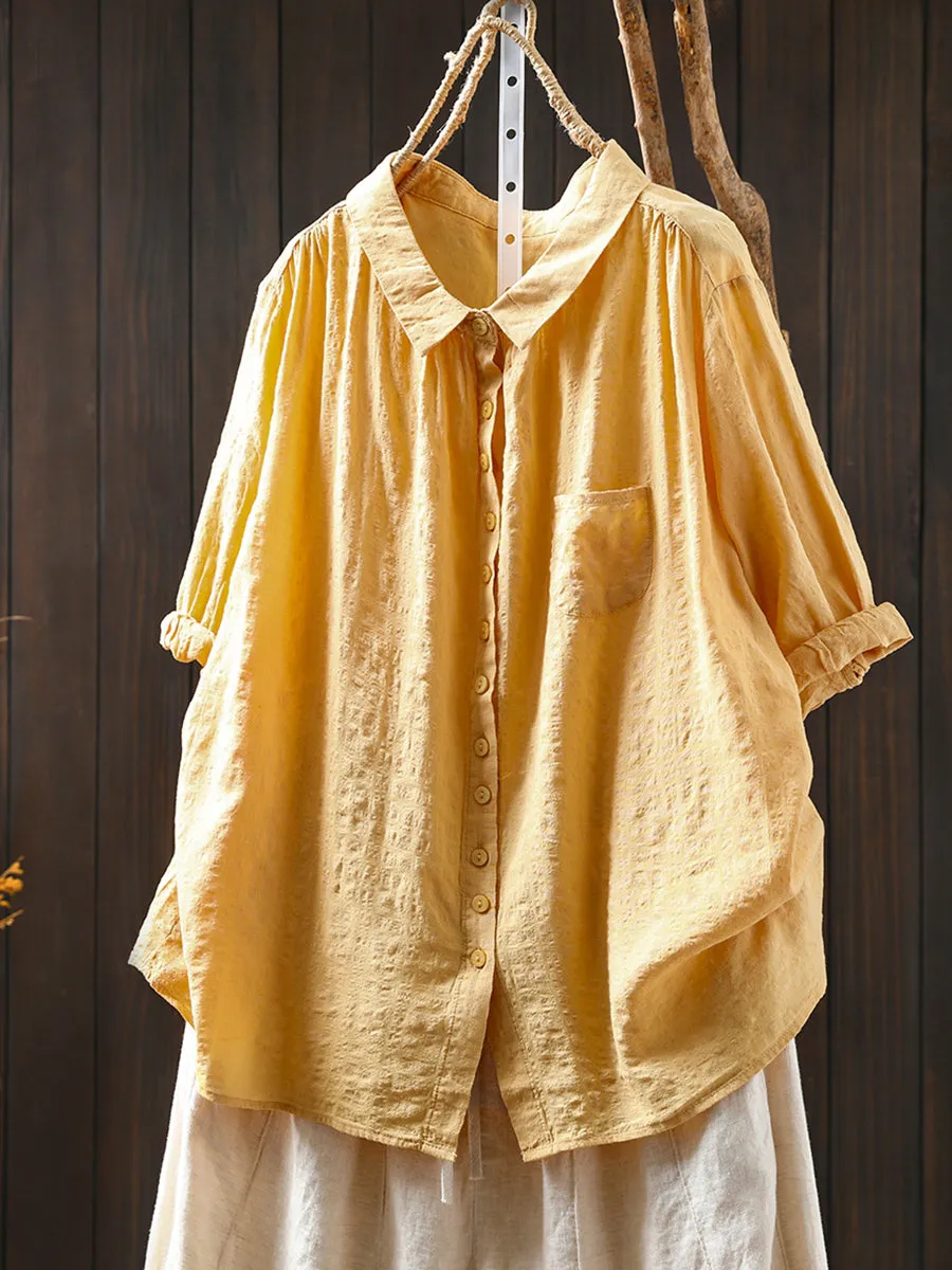 Women Spring Casual Pure Color Turn-down Collar Cotton Shirt