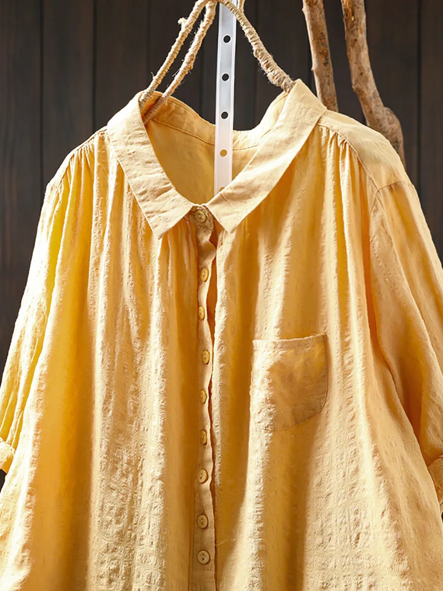 Women Spring Casual Pure Color Turn-down Collar Cotton Shirt