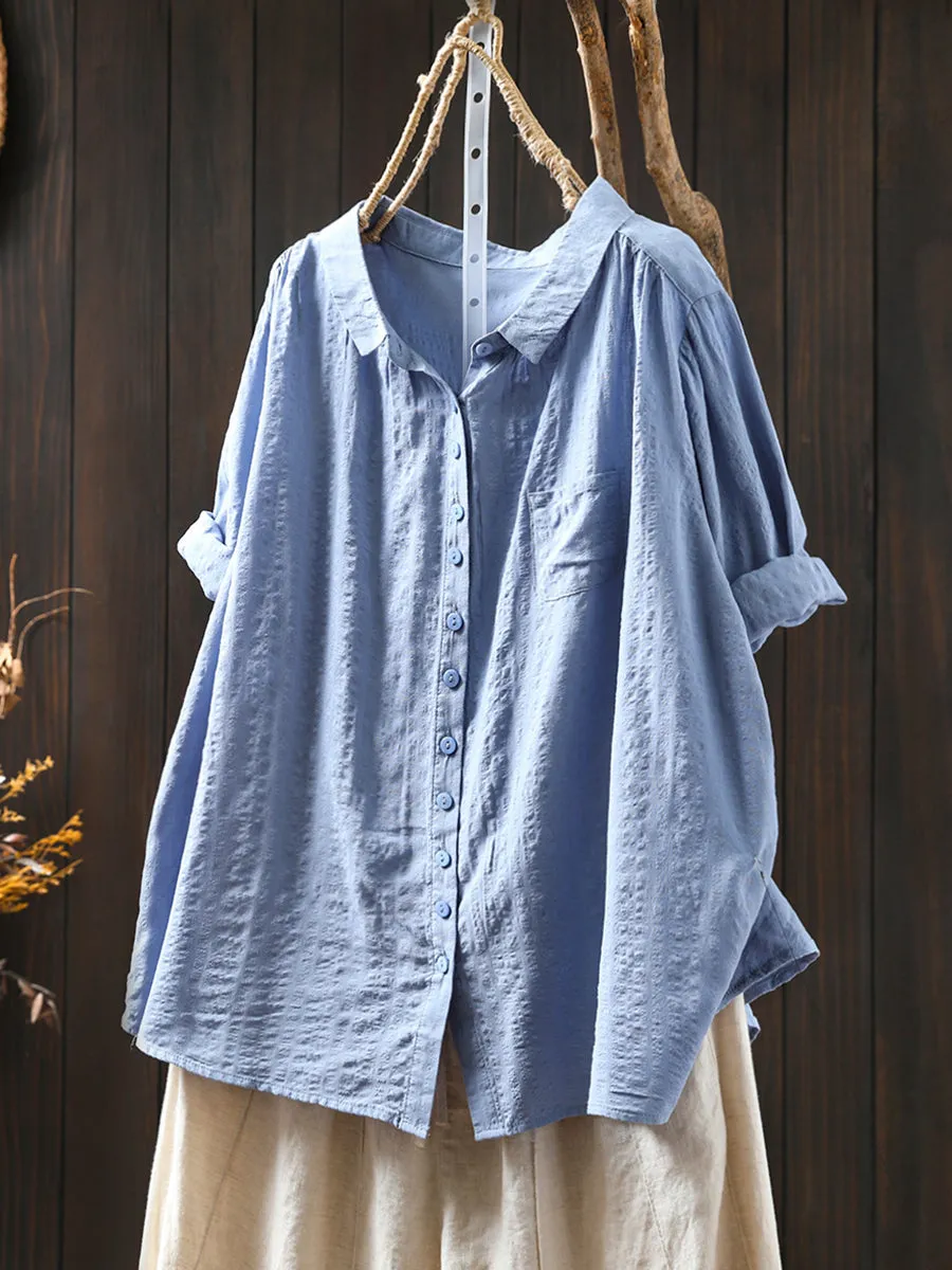Women Spring Casual Pure Color Turn-down Collar Cotton Shirt