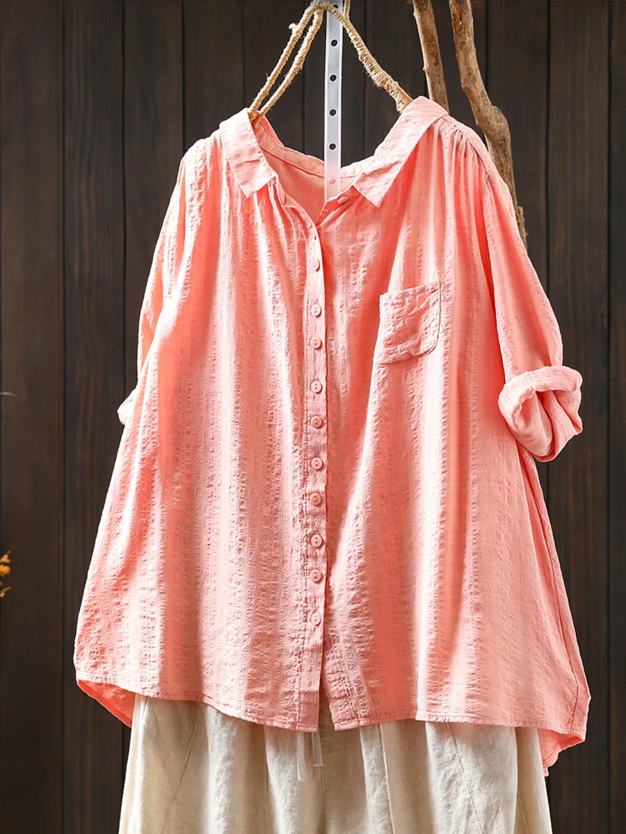 Women Spring Casual Pure Color Turn-down Collar Cotton Shirt