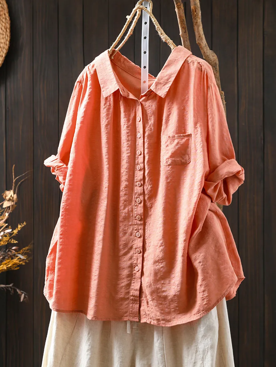Women Spring Casual Pure Color Turn-down Collar Cotton Shirt