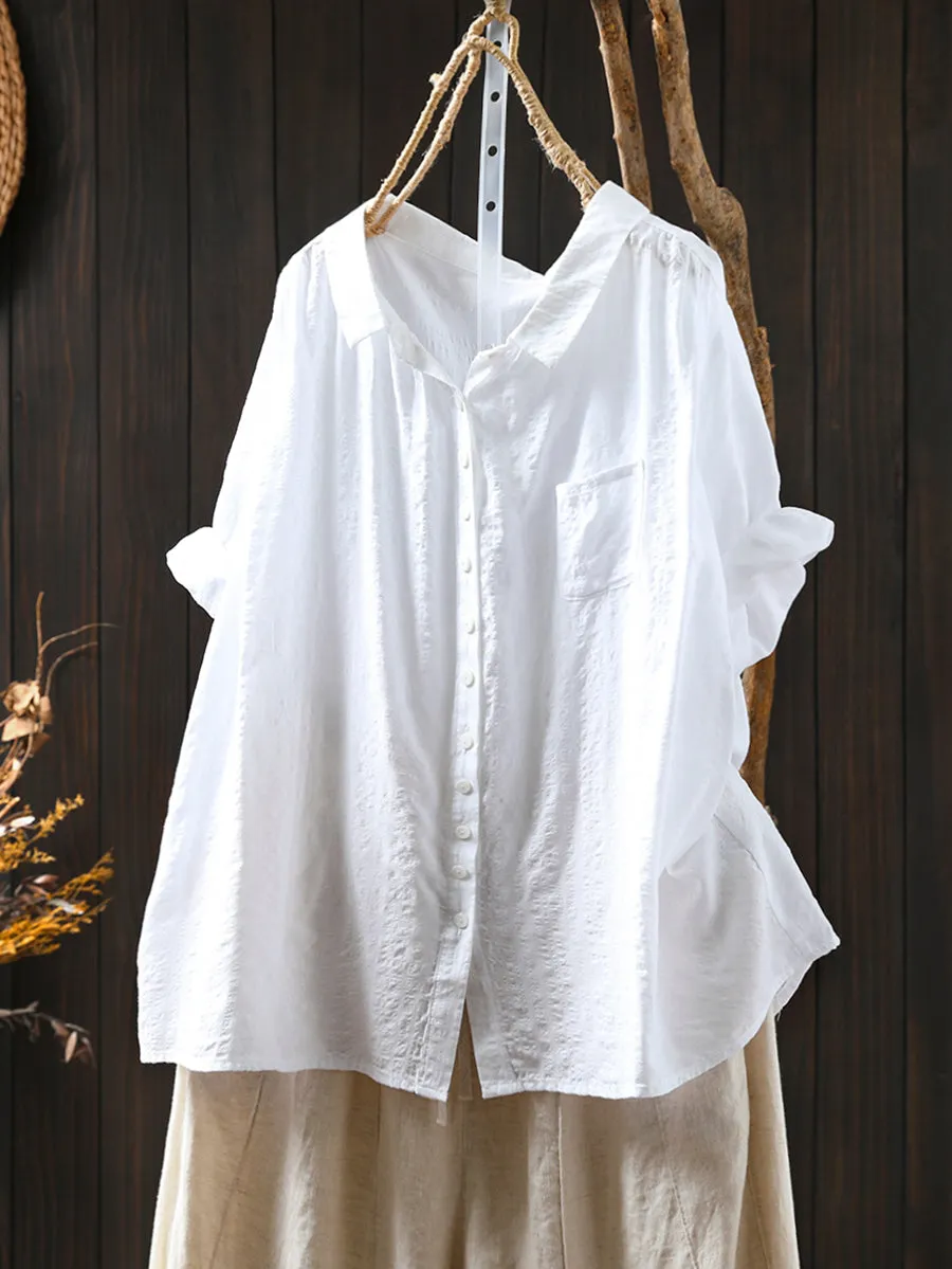 Women Spring Casual Pure Color Turn-down Collar Cotton Shirt