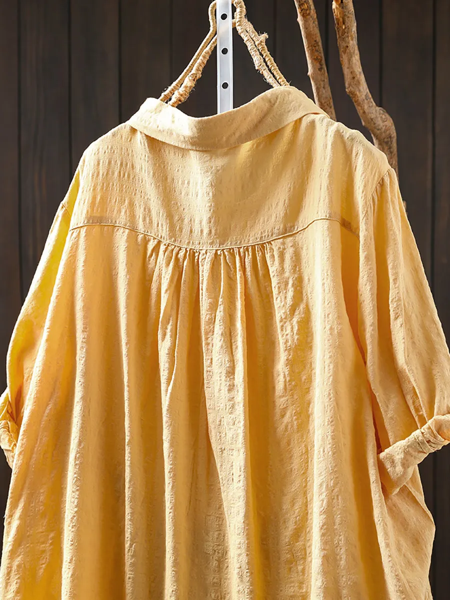Women Spring Casual Pure Color Turn-down Collar Cotton Shirt