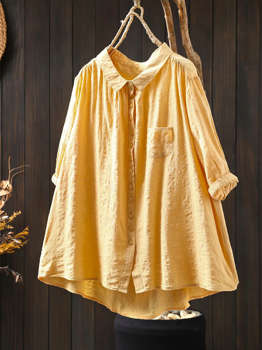 Women Spring Casual Pure Color Turn-down Collar Cotton Shirt