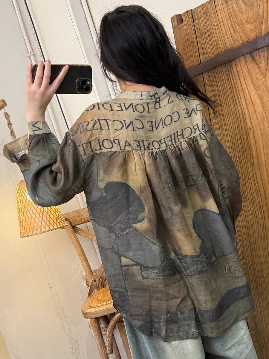 Women Spring Retro Stand Collar Print Ramie Shirt