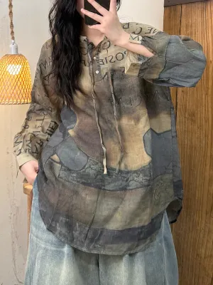 Women Spring Retro Stand Collar Print Ramie Shirt