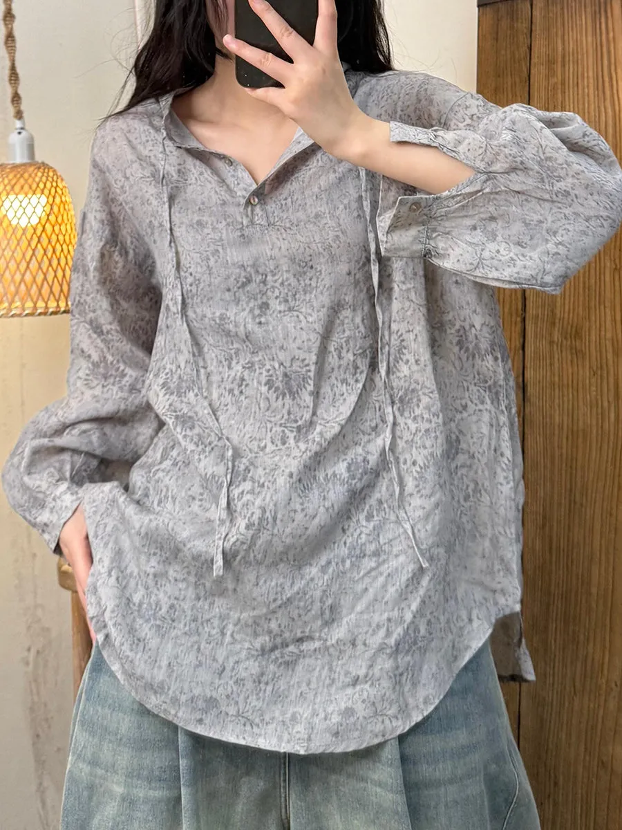 Women Spring Retro Stand Collar Print Ramie Shirt