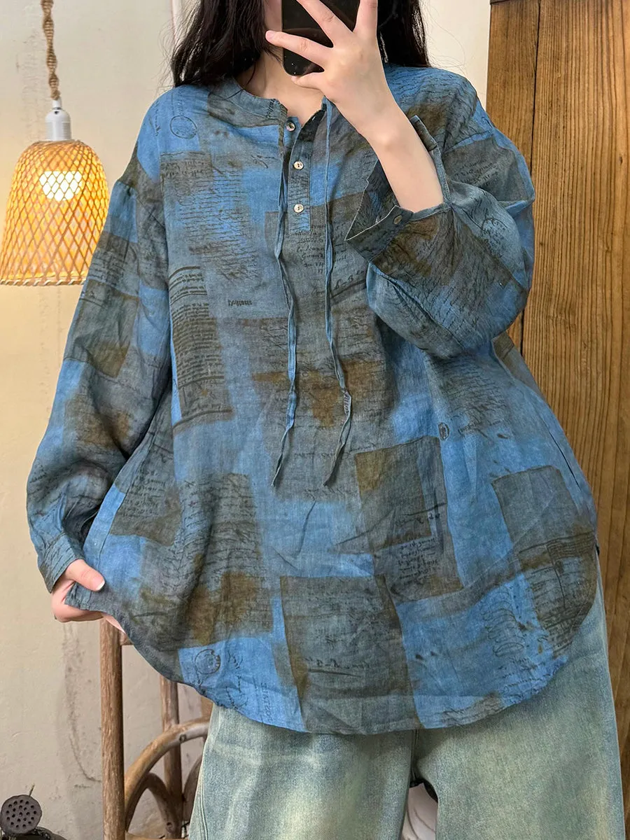 Women Spring Retro Stand Collar Print Ramie Shirt