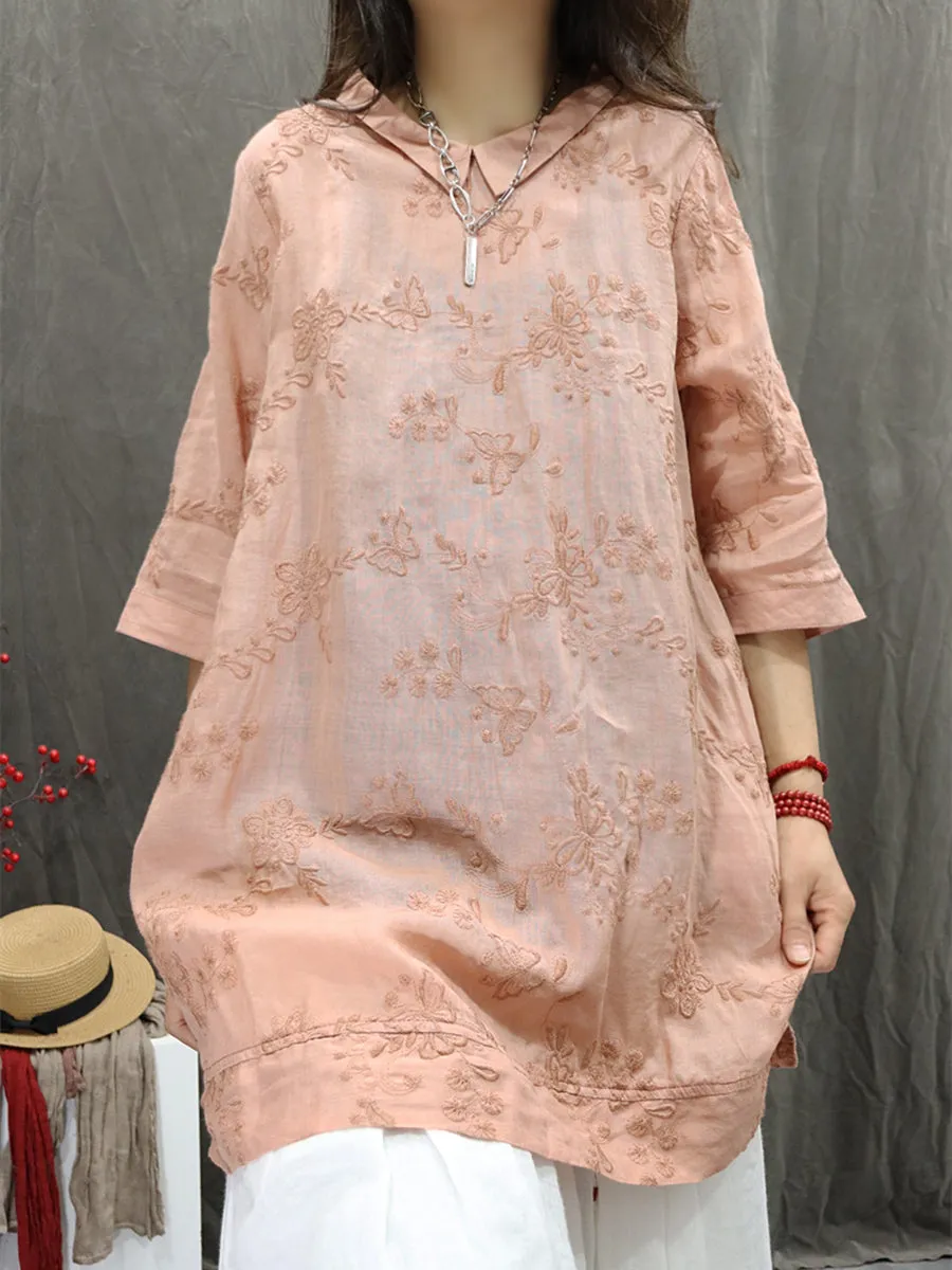Women Summer Artsy Doll Collar Embroidery 100%Ramie Shirt