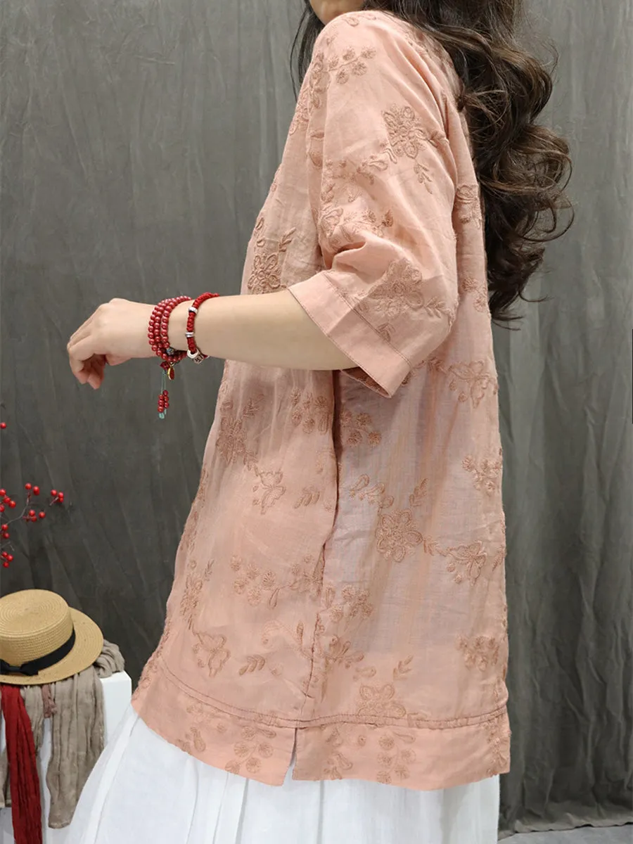 Women Summer Artsy Doll Collar Embroidery 100%Ramie Shirt