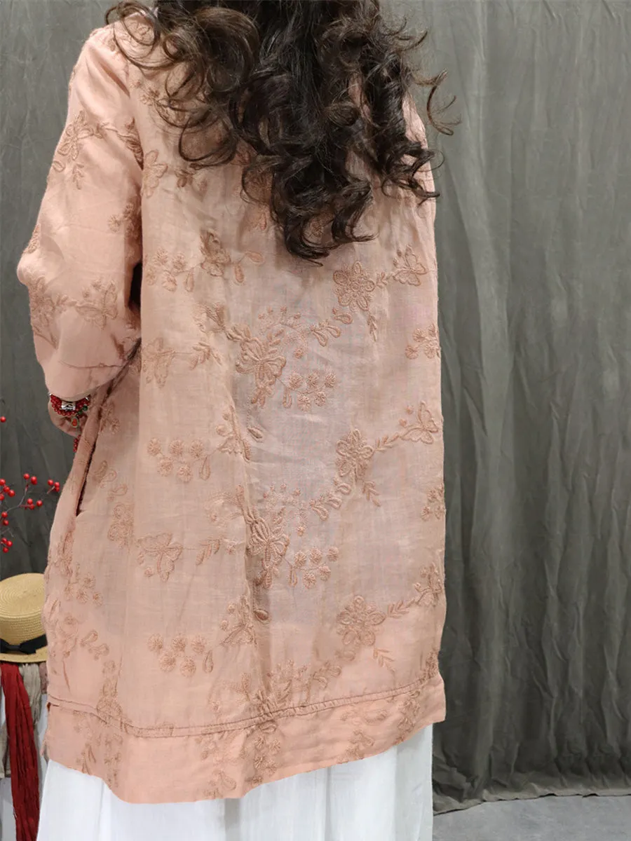 Women Summer Artsy Doll Collar Embroidery 100%Ramie Shirt
