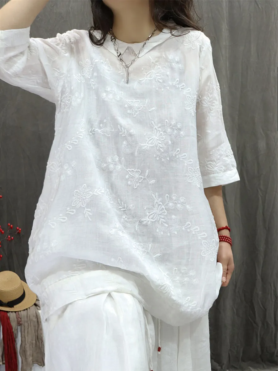 Women Summer Artsy Doll Collar Embroidery 100%Ramie Shirt