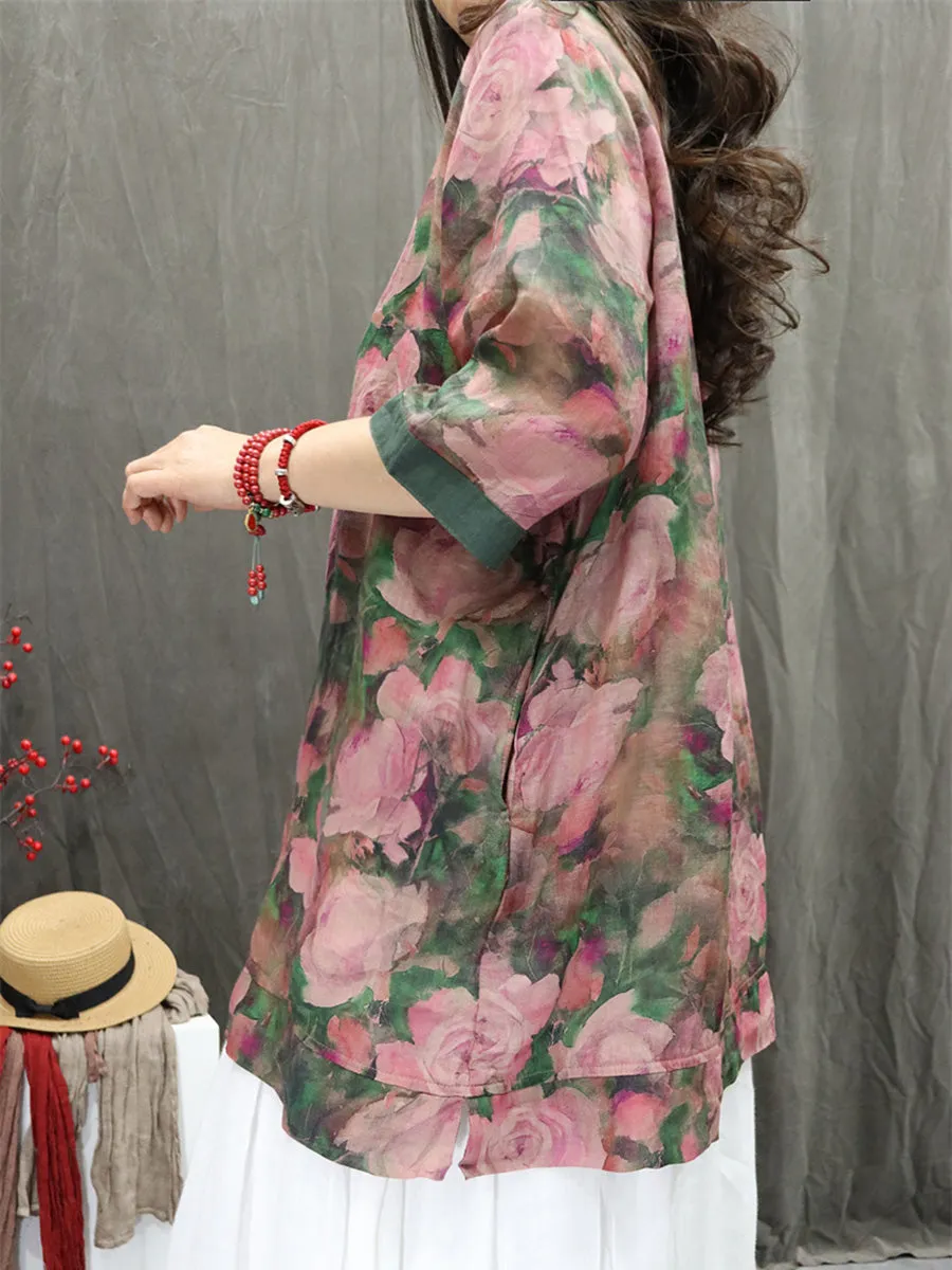 Women Summer Artsy Doll Collar Embroidery 100%Ramie Shirt