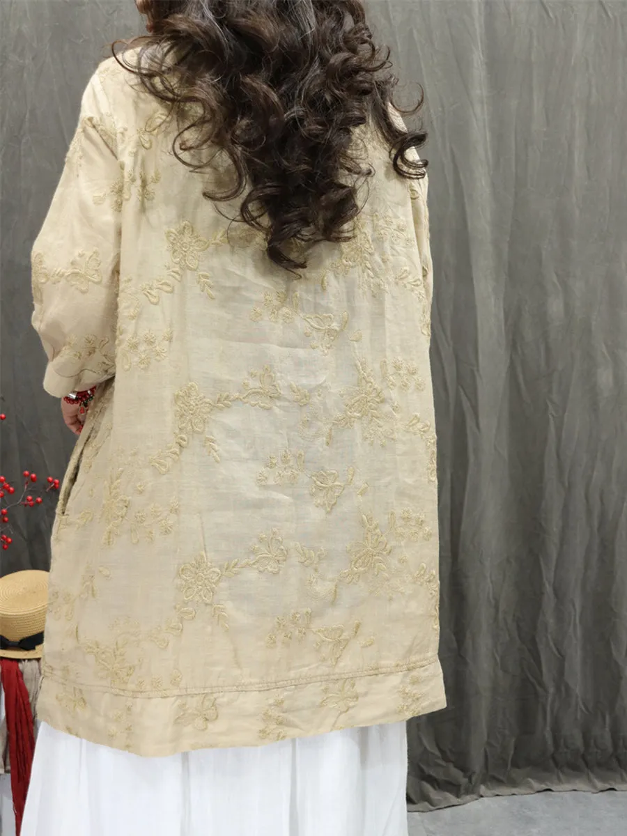 Women Summer Artsy Doll Collar Embroidery 100%Ramie Shirt
