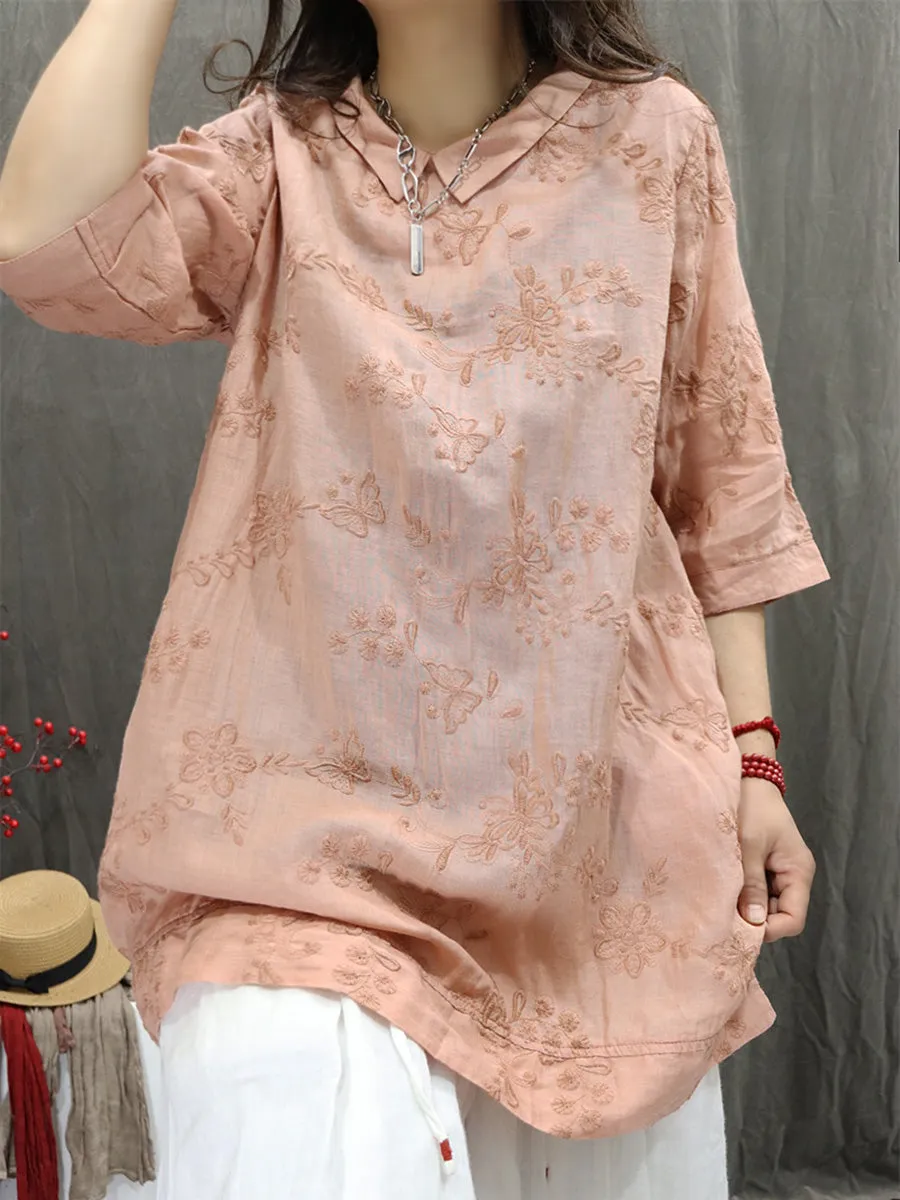 Women Summer Artsy Doll Collar Embroidery 100%Ramie Shirt