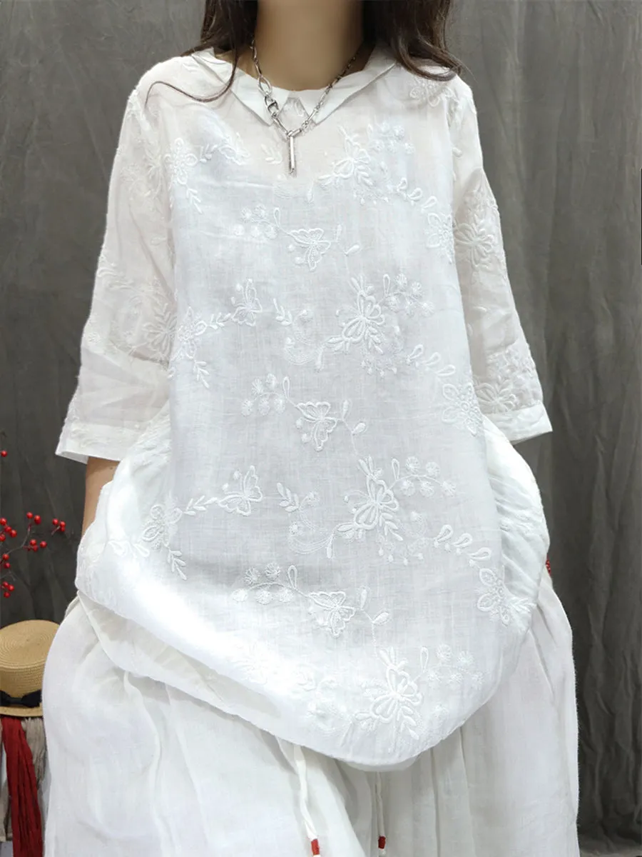 Women Summer Artsy Doll Collar Embroidery 100%Ramie Shirt