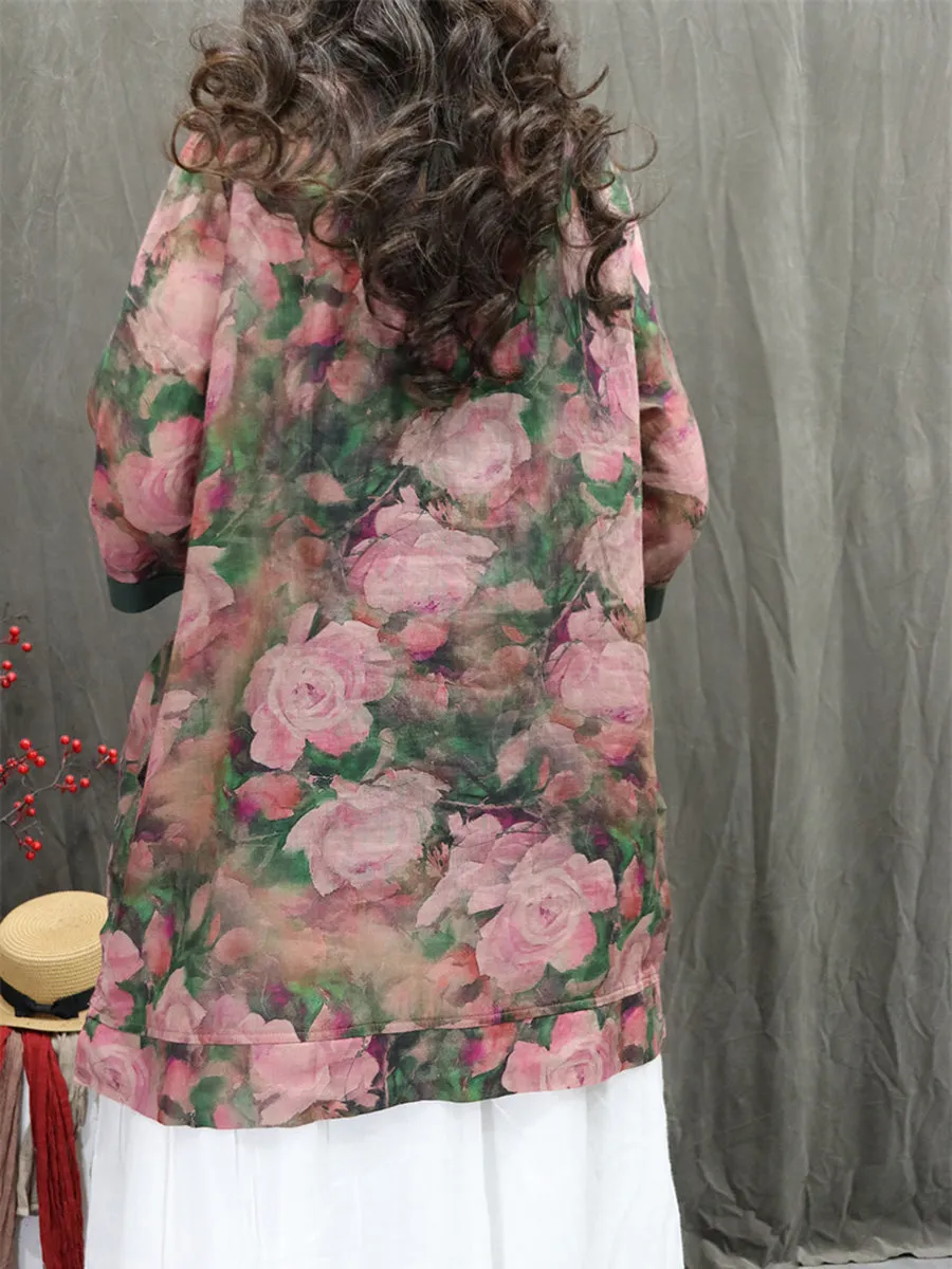 Women Summer Artsy Doll Collar Embroidery 100%Ramie Shirt
