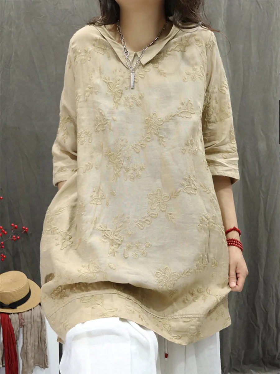 Women Summer Artsy Doll Collar Embroidery 100%Ramie Shirt