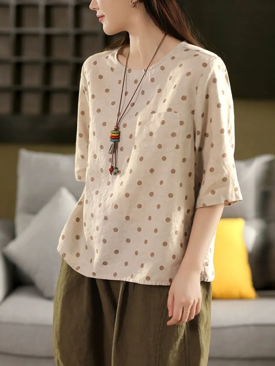Women Summer Artsy Dot O-Neck 100%Linen Shirt