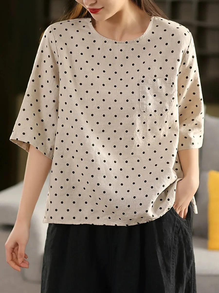 Women Summer Artsy Dot O-Neck 100%Linen Shirt