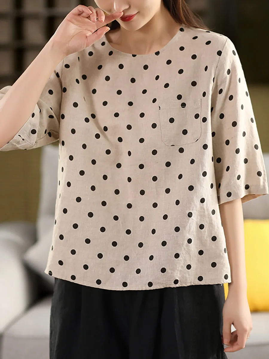 Women Summer Artsy Dot O-Neck 100%Linen Shirt