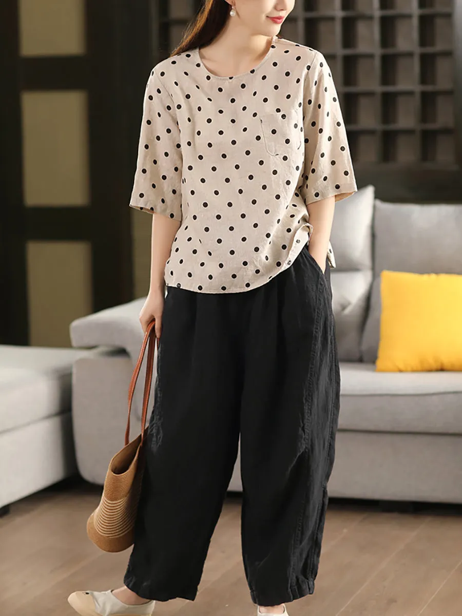 Women Summer Artsy Dot O-Neck 100%Linen Shirt