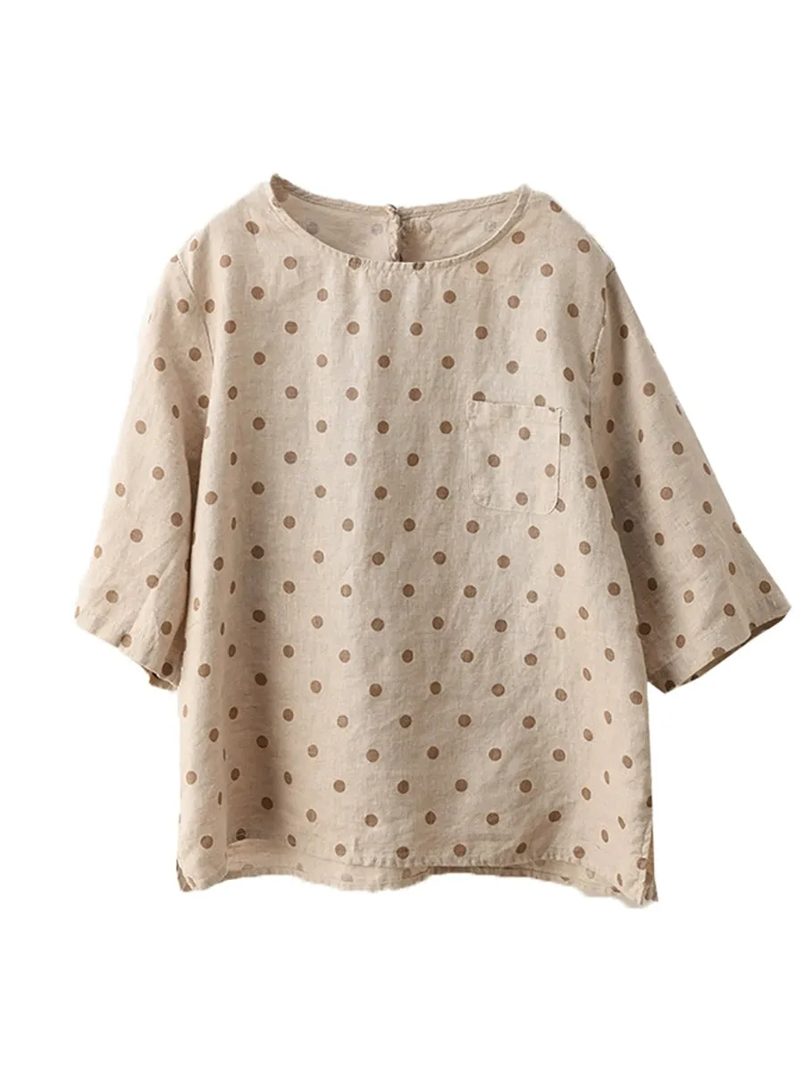 Women Summer Artsy Dot O-Neck 100%Linen Shirt
