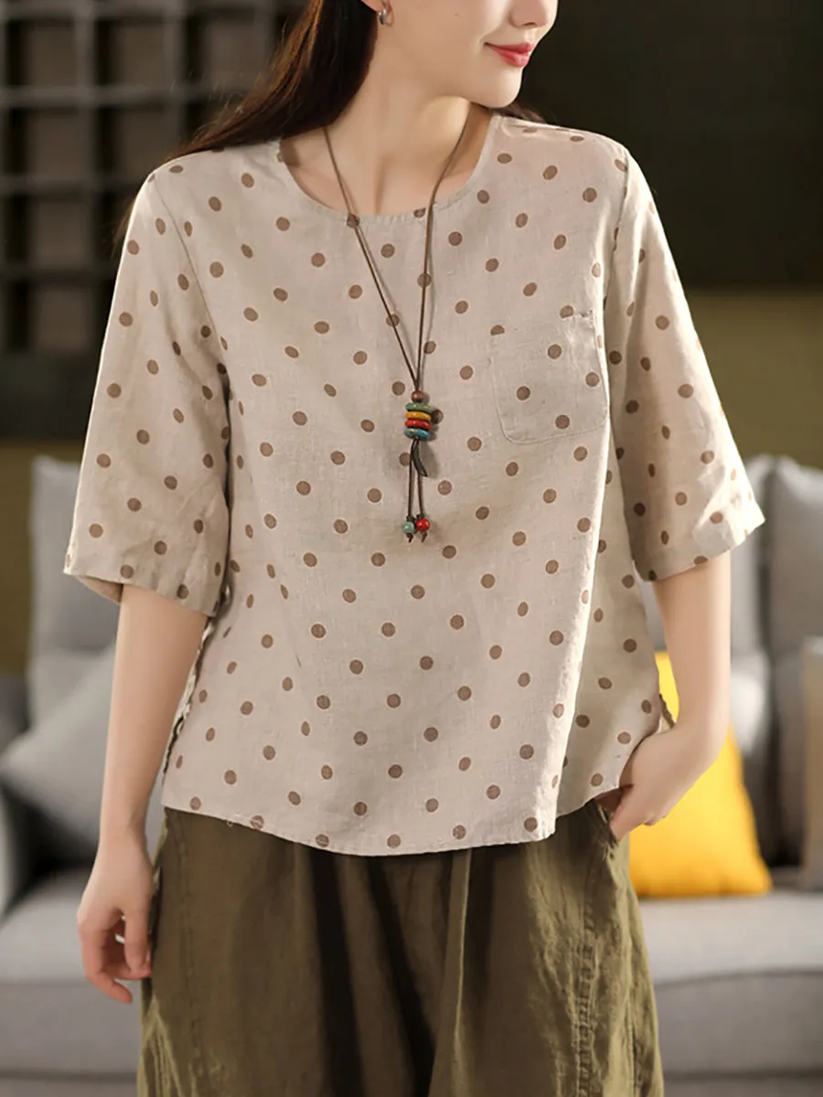 Women Summer Artsy Dot O-Neck 100%Linen Shirt
