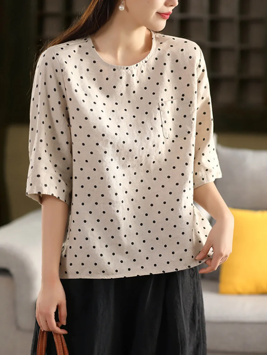 Women Summer Artsy Dot O-Neck 100%Linen Shirt