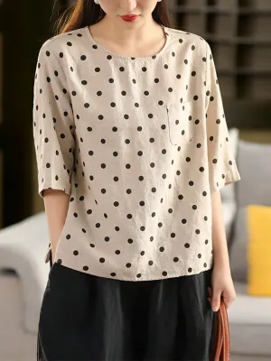 Women Summer Artsy Dot O-Neck 100%Linen Shirt