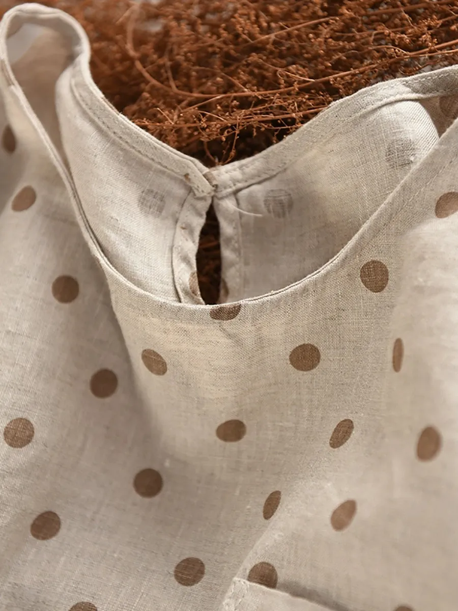Women Summer Artsy Dot O-Neck 100%Linen Shirt