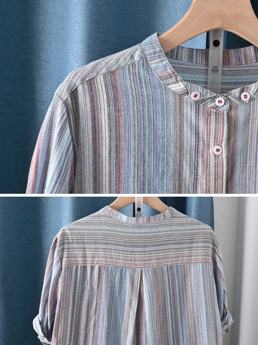 Women Summer Artsy Stripe Stand Collar 100%Cotton Shirt