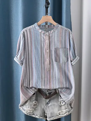 Women Summer Artsy Stripe Stand Collar 100%Cotton Shirt