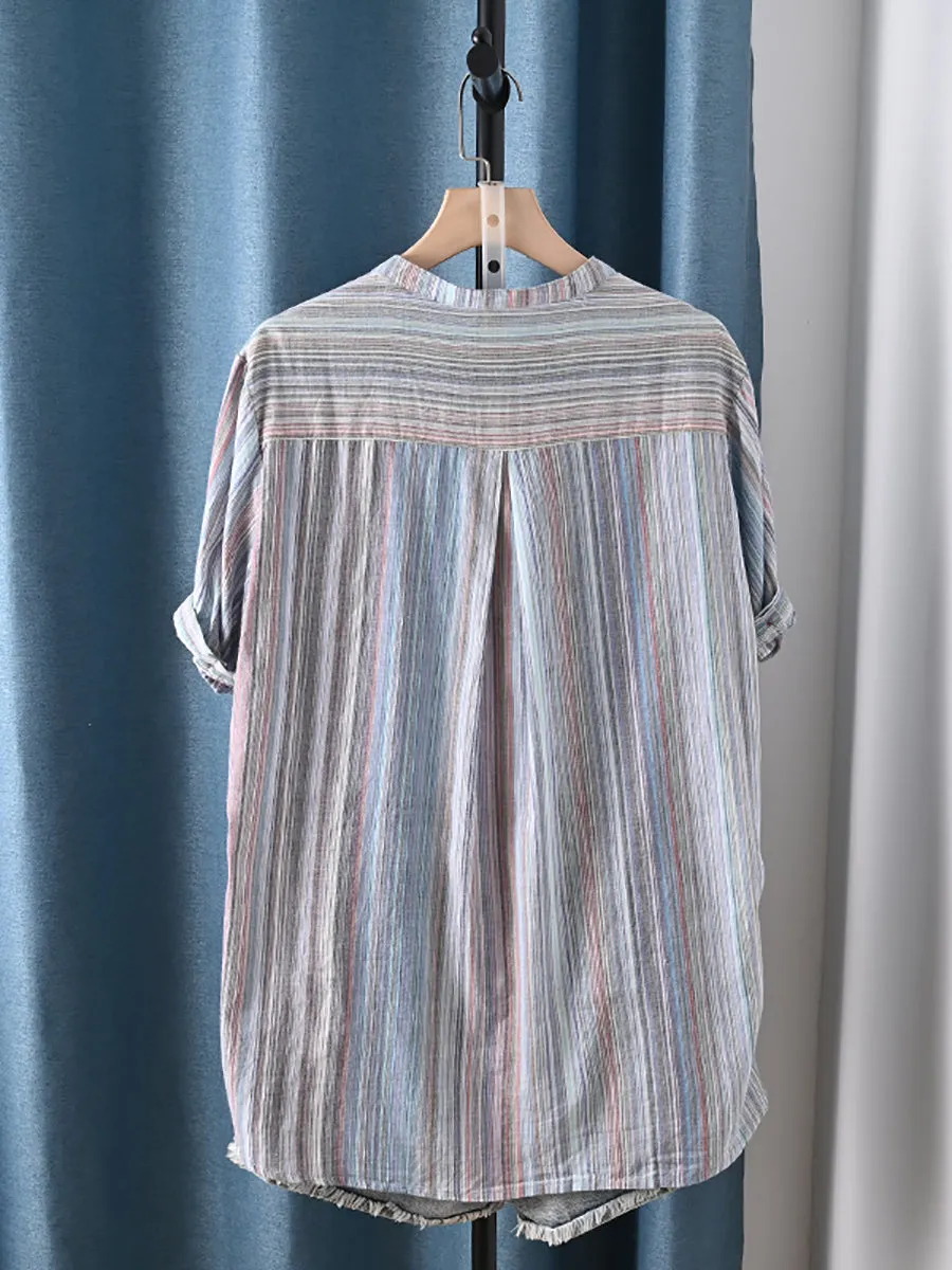 Women Summer Artsy Stripe Stand Collar 100%Cotton Shirt