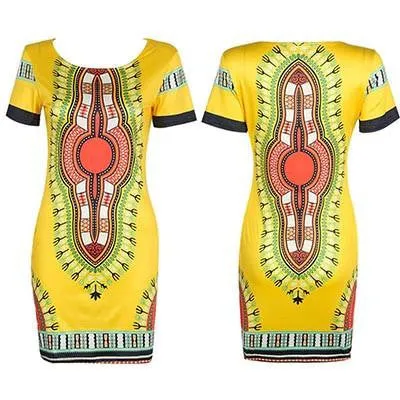 Women Summer Casual Short Sleeve Bohemian Traditional African Print Mini Dress Dashiki Bodycon Beach Dresses