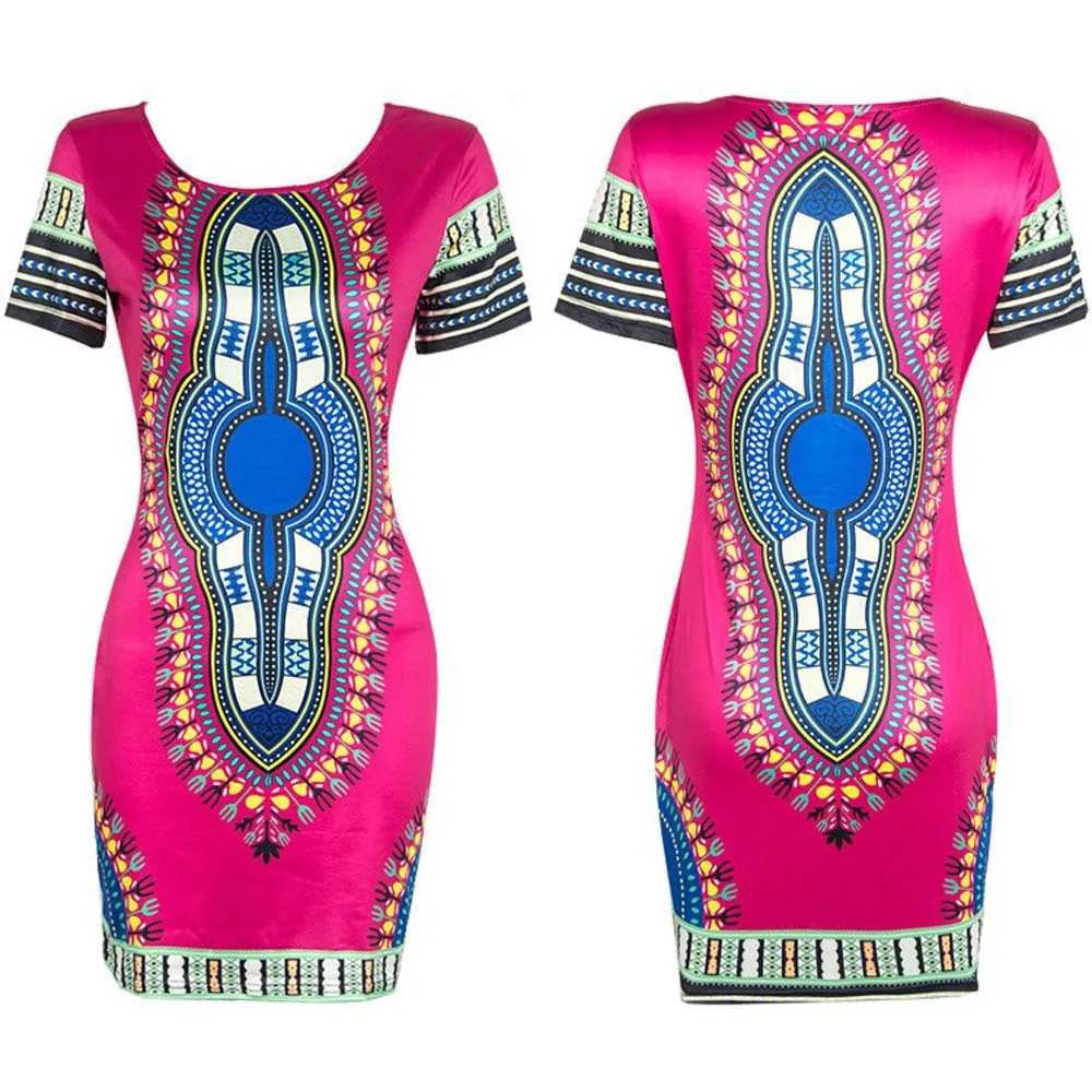 Women Summer Casual Short Sleeve Bohemian Traditional African Print Mini Dress Dashiki Bodycon Beach Dresses