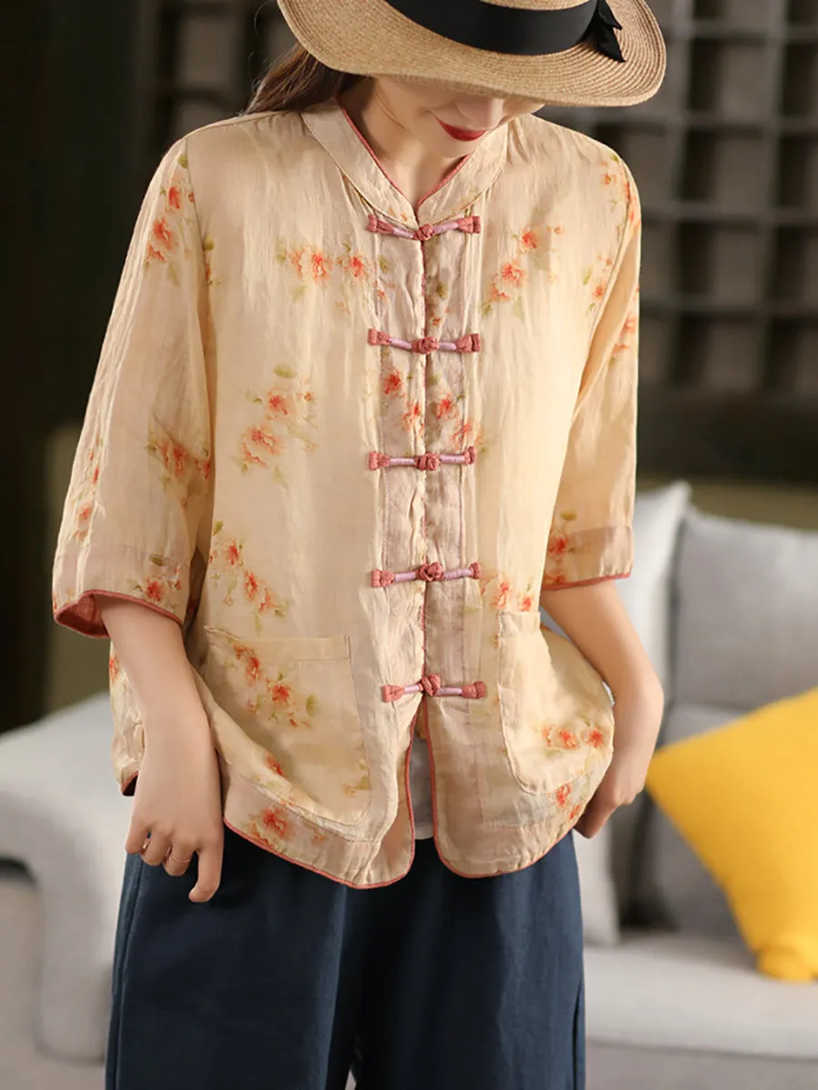 Women Summer Ethnic Stand Collar Flower 100%Ramie Shirt