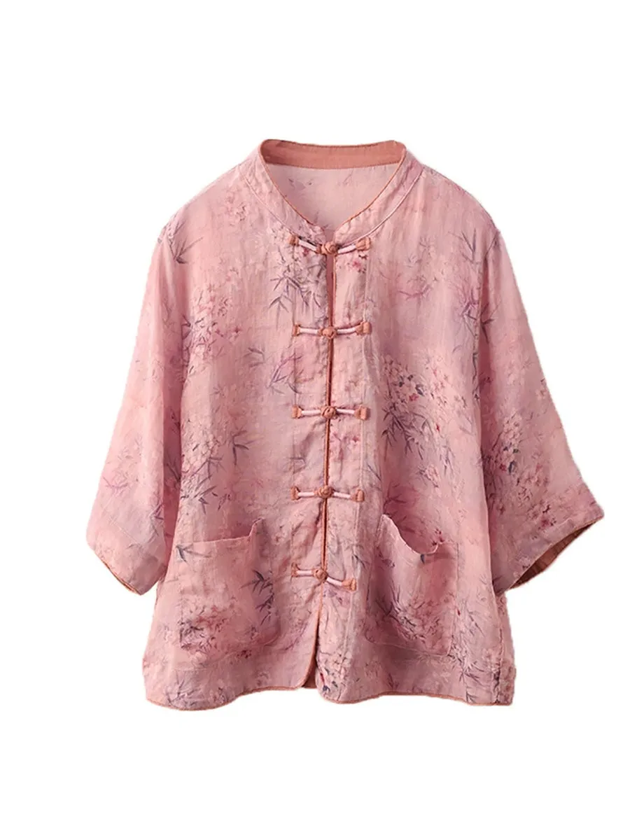 Women Summer Ethnic Stand Collar Flower 100%Ramie Shirt