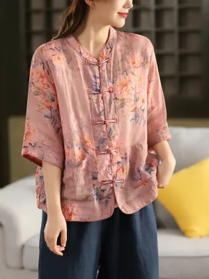 Women Summer Ethnic Stand Collar Flower 100%Ramie Shirt